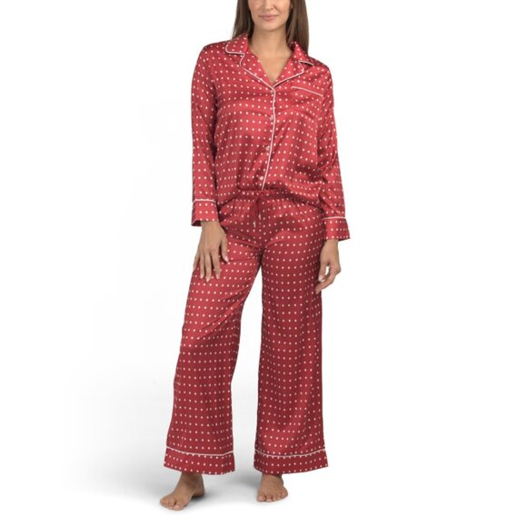DALIA MACPHEE Red Satin Pin Dot Pajama Top And Pants Set - Picture 1 of 2